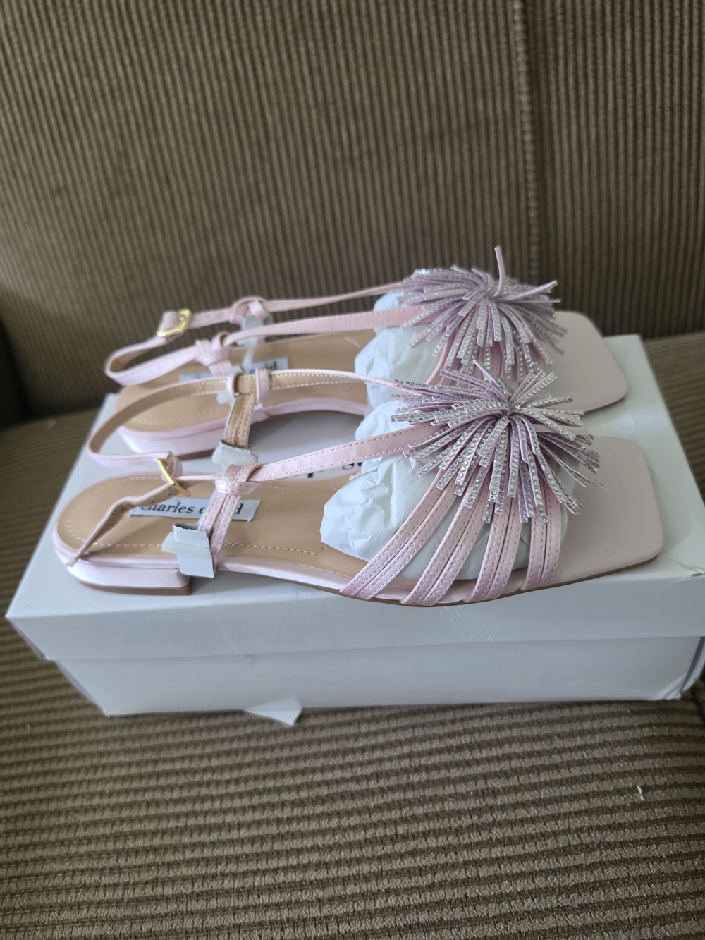 Charles David Rhinestone Pom-Pom Satin Flat Sandals (Pink) - Picture 4 of 6